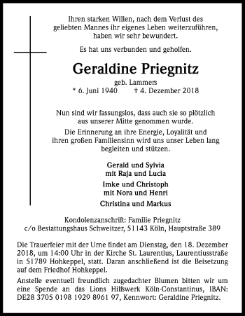 Anzeige von Geraldine Priegnitz von Kölner Stadt-Anzeiger / Kölnische Rundschau / Express