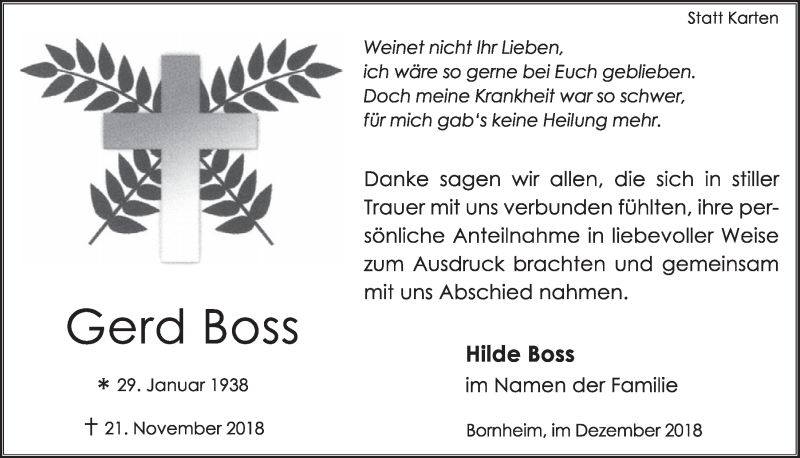  Traueranzeige für Gerd Boss vom 19.12.2018 aus  Schlossbote/Werbekurier 