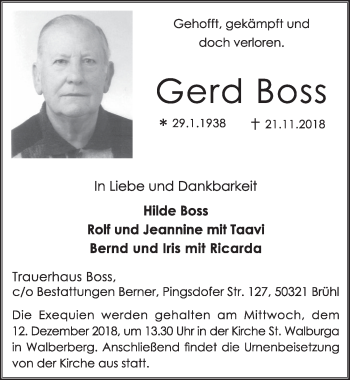 Anzeige von Gerd Boss von  Schlossbote/Werbekurier 