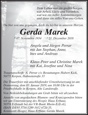Anzeige von Gerda Marek von  Sonntags-Post 