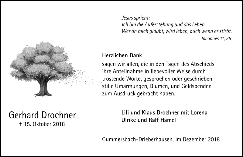  Traueranzeige für Gerhard Drochner vom 12.12.2018 aus  Anzeigen Echo 