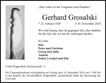 Anzeige von Gerhard Grosalski von Kölner Stadt-Anzeiger / Kölnische Rundschau / Express