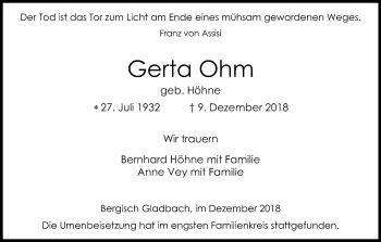 Anzeige von Gerta Ohm von Kölner Stadt-Anzeiger / Kölnische Rundschau / Express