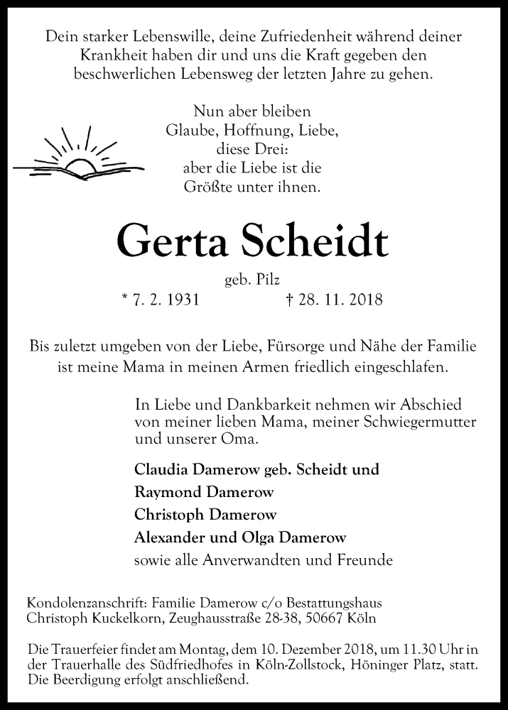  Traueranzeige für Gerta Scheidt vom 05.12.2018 aus Kölner Stadt-Anzeiger / Kölnische Rundschau / Express