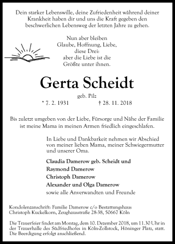 Anzeige von Gerta Scheidt von Kölner Stadt-Anzeiger / Kölnische Rundschau / Express