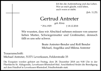 Anzeige von Gertrud Antreter von Kölner Stadt-Anzeiger / Kölnische Rundschau / Express