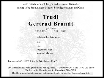 Anzeige von Gertrud Brandt von Kölner Stadt-Anzeiger / Kölnische Rundschau / Express