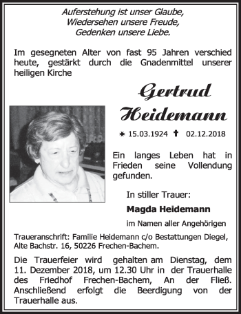 Anzeige von Gertrud Heidemann von  Sonntags-Post 