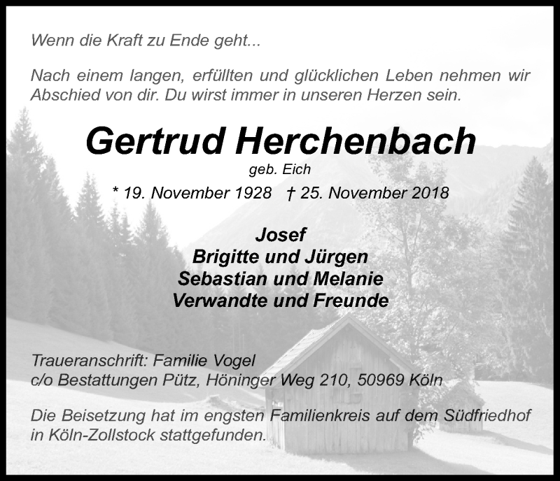  Traueranzeige für Gertrud Herchenbach vom 08.12.2018 aus Kölner Stadt-Anzeiger / Kölnische Rundschau / Express