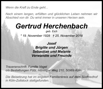 Anzeige von Gertrud Herchenbach von Kölner Stadt-Anzeiger / Kölnische Rundschau / Express