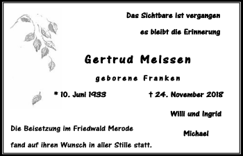 Anzeige von Gertrud Meissen von  Blickpunkt Euskirchen 