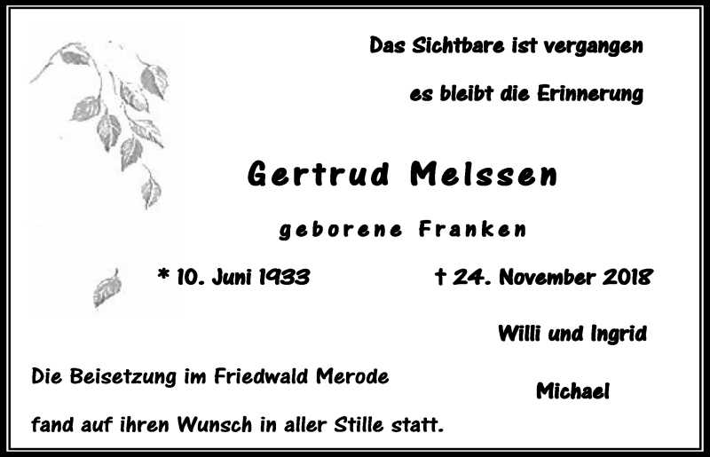  Traueranzeige für Gertrud Meissen vom 08.12.2018 aus  Blickpunkt Euskirchen 