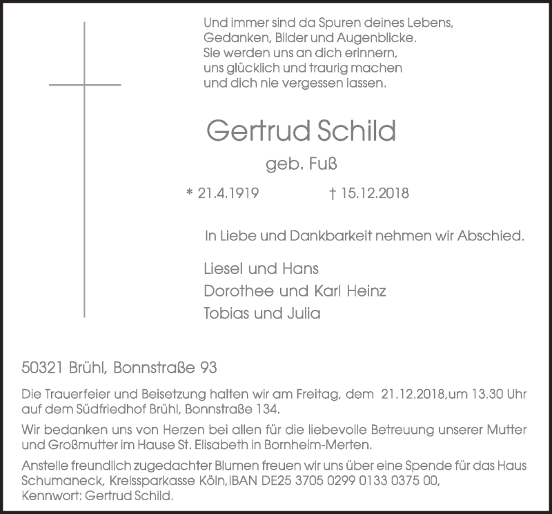  Traueranzeige für Gertrud Schild vom 19.12.2018 aus  Schlossbote/Werbekurier 