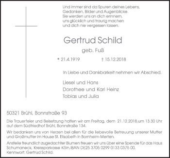 Anzeige von Gertrud Schild von  Schlossbote/Werbekurier 