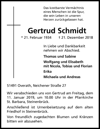Anzeige von Gertrud Schmidt von Kölner Stadt-Anzeiger / Kölnische Rundschau / Express