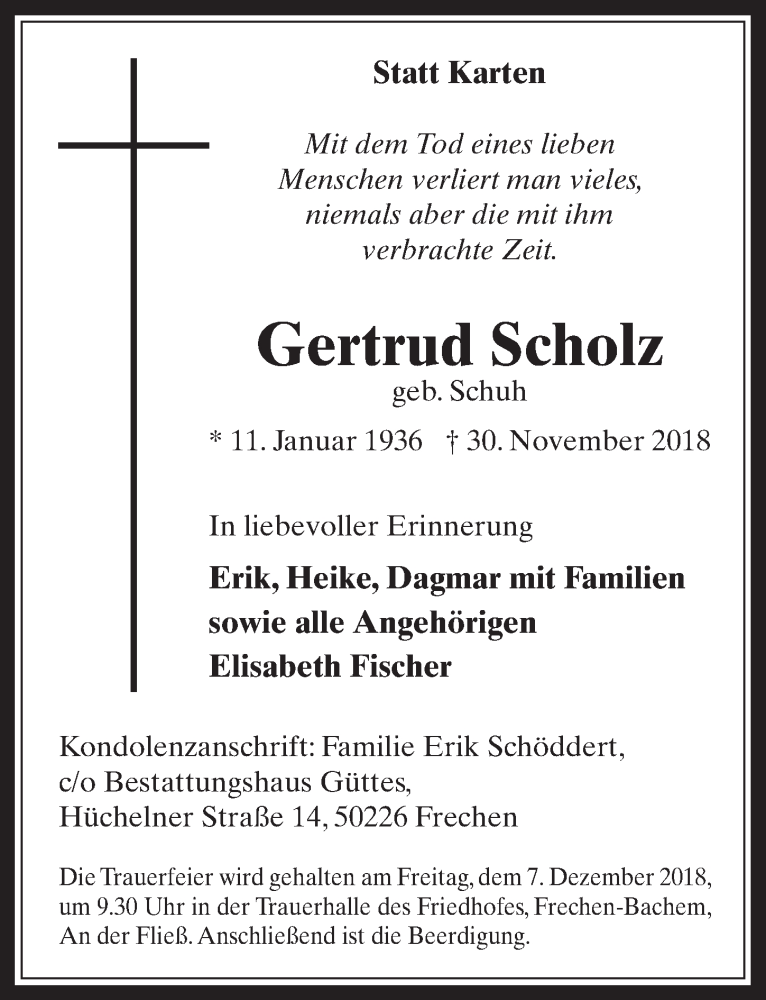  Traueranzeige für Gertrud Scholz vom 05.12.2018 aus  Wochenende 