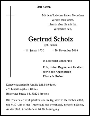 Anzeige von Gertrud Scholz von Kölner Stadt-Anzeiger / Kölnische Rundschau / Express