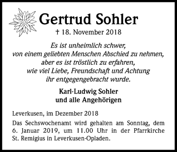 Anzeige von Gertrud Sohler von Kölner Stadt-Anzeiger / Kölnische Rundschau / Express
