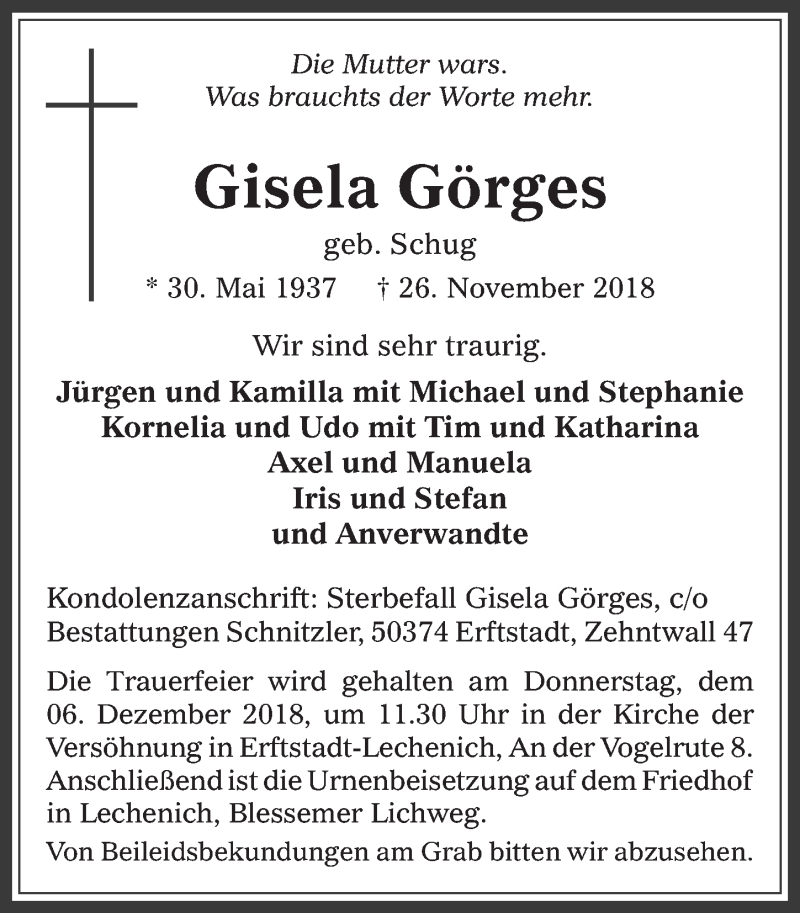  Traueranzeige für Gisela Görges vom 05.12.2018 aus  Werbepost 