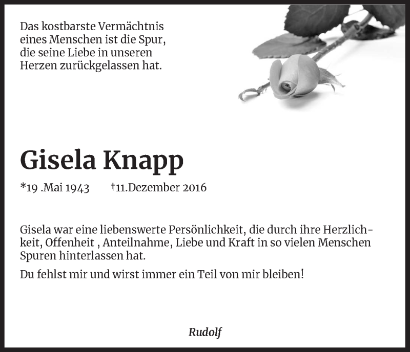  Traueranzeige für Gisela Knapp vom 11.12.2018 aus Kölner Stadt-Anzeiger / Kölnische Rundschau / Express