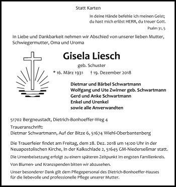 Anzeige von Gisela Liesch von Kölner Stadt-Anzeiger / Kölnische Rundschau / Express