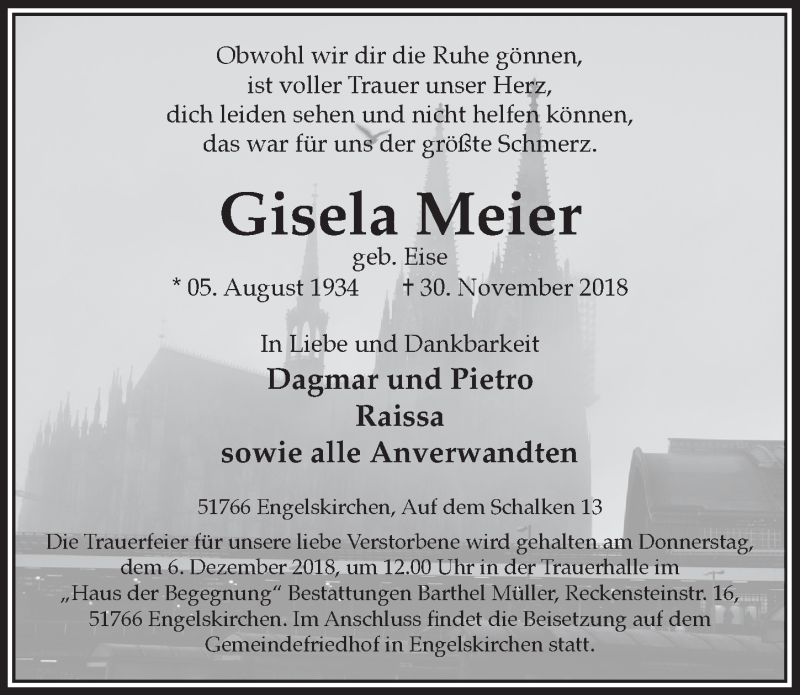  Traueranzeige für Gisela Meier vom 05.12.2018 aus  Anzeigen Echo 