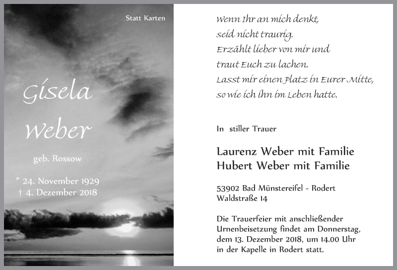  Traueranzeige für Gisela Weber vom 08.12.2018 aus  Blickpunkt Euskirchen 