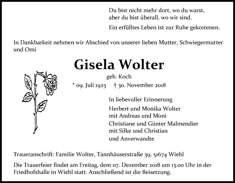  Traueranzeige für Gisela Wolter vom 04.12.2018 aus Kölner Stadt-Anzeiger / Kölnische Rundschau / Express