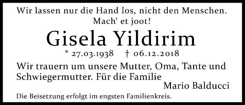  Traueranzeige für Gisela Yildirim vom 15.12.2018 aus Kölner Stadt-Anzeiger / Kölnische Rundschau / Express