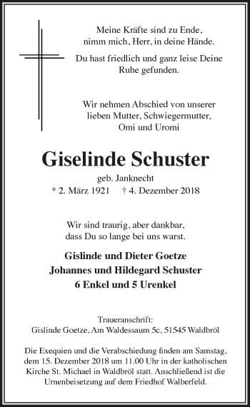 Anzeige von Giselinde Schuster von  Lokalanzeiger 