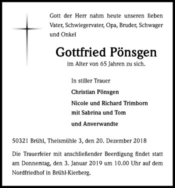 Anzeige von Gottfried Pönsgen von Kölner Stadt-Anzeiger / Kölnische Rundschau / Express