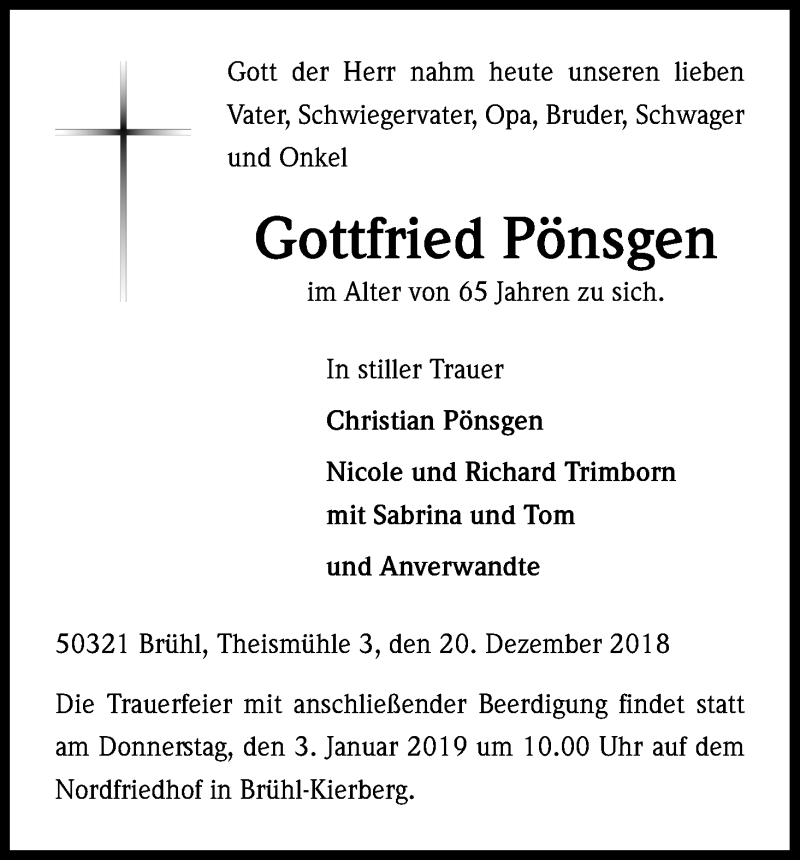  Traueranzeige für Gottfried Pönsgen vom 29.12.2018 aus Kölner Stadt-Anzeiger / Kölnische Rundschau / Express