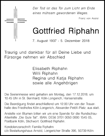 Anzeige von Gottfried Riphahn von Kölner Stadt-Anzeiger / Kölnische Rundschau / Express