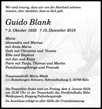 Anzeige von Guido Blank von Kölner Stadt-Anzeiger / Kölnische Rundschau / Express