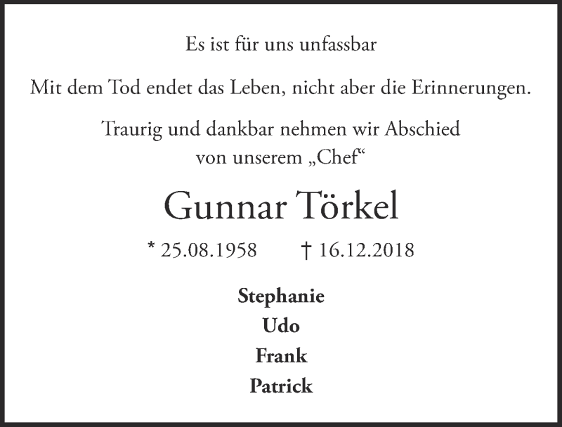  Traueranzeige für Gunnar Törkel vom 29.12.2018 aus  Blickpunkt Euskirchen 