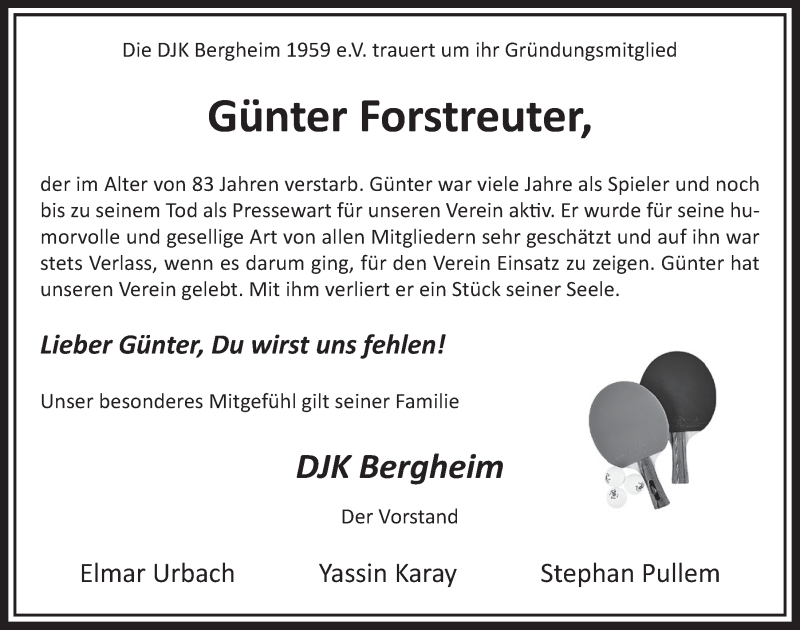  Traueranzeige für Günter Forstreuter vom 08.12.2018 aus  Sonntags-Post 
