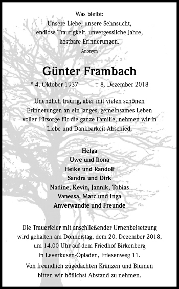 Anzeige von Günter Frambach von Kölner Stadt-Anzeiger / Kölnische Rundschau / Express