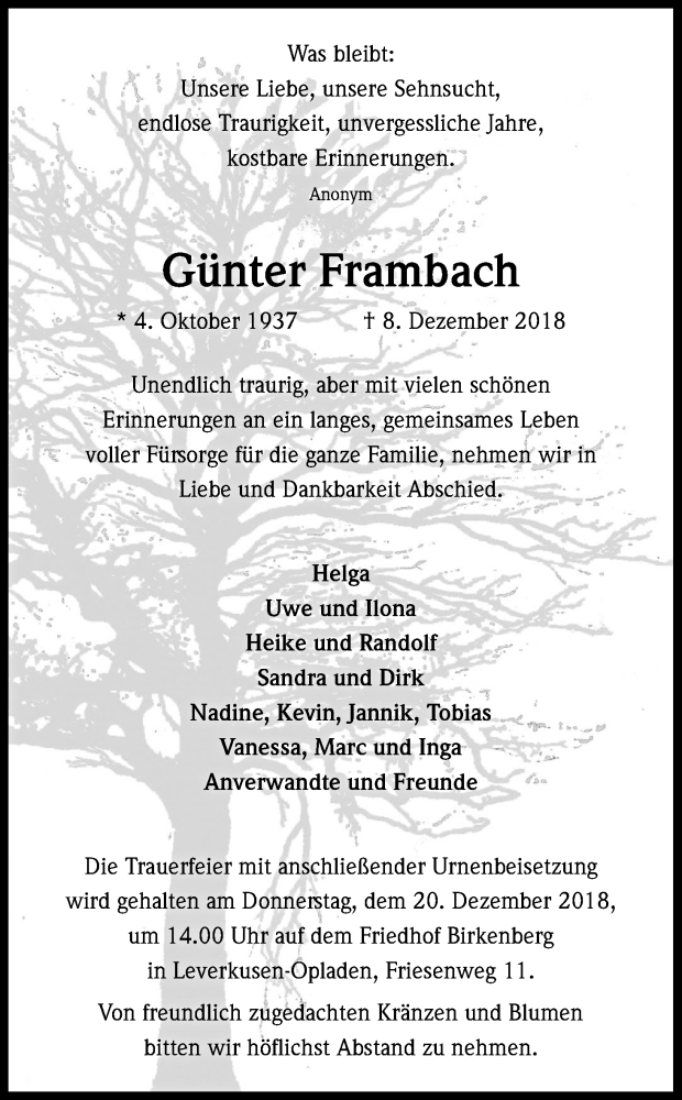  Traueranzeige für Günter Frambach vom 15.12.2018 aus Kölner Stadt-Anzeiger / Kölnische Rundschau / Express