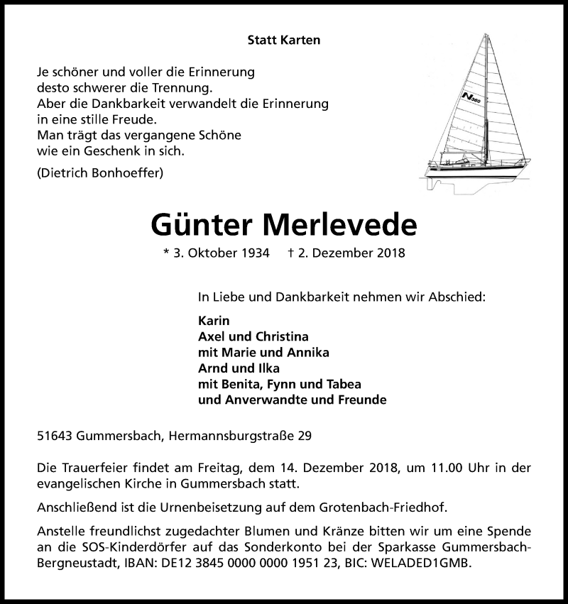  Traueranzeige für Günter Merlevede vom 06.12.2018 aus Kölner Stadt-Anzeiger / Kölnische Rundschau / Express