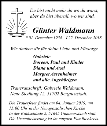 Anzeige von Günter Waldmann von Kölner Stadt-Anzeiger / Kölnische Rundschau / Express