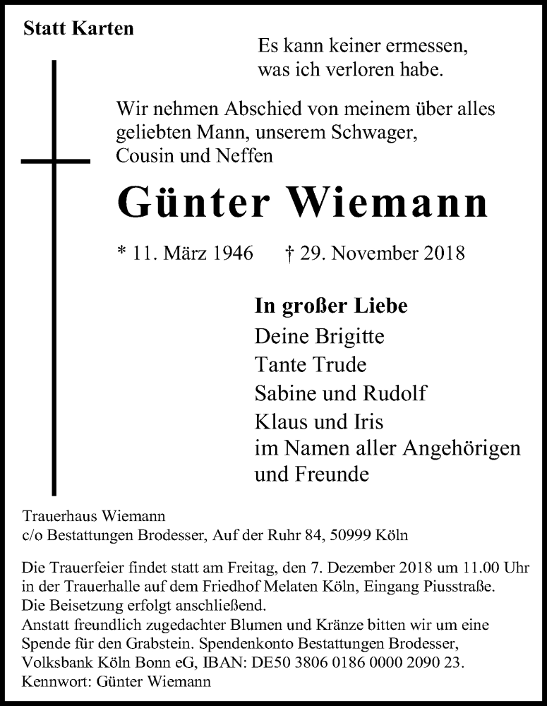  Traueranzeige für Günter Wiemann vom 05.12.2018 aus Kölner Stadt-Anzeiger / Kölnische Rundschau / Express