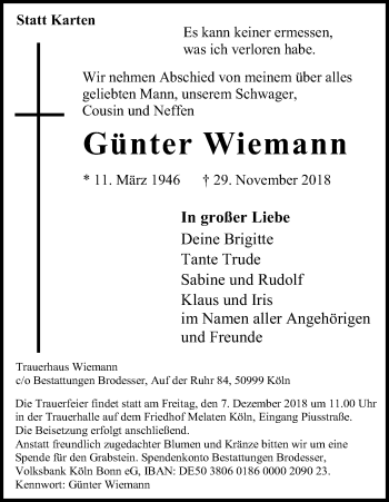 Anzeige von Günter Wiemann von Kölner Stadt-Anzeiger / Kölnische Rundschau / Express