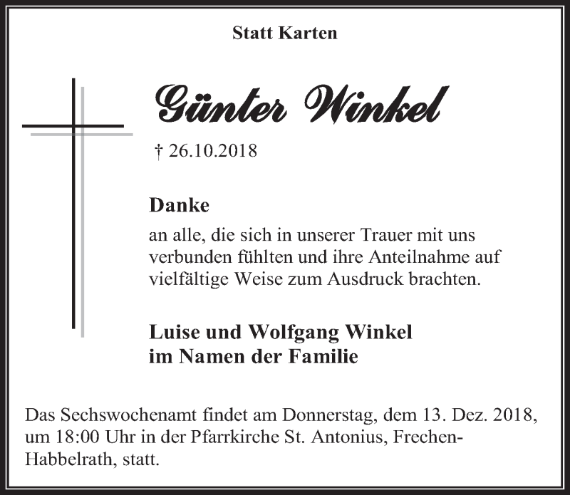 Traueranzeige für Günter Winkel vom 05.12.2018 aus  Wochenende 