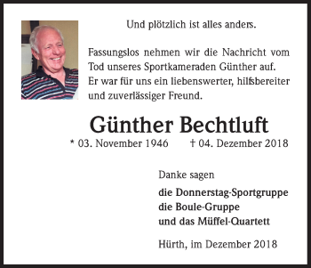 Anzeige von Günther Bechtluft von Kölner Stadt-Anzeiger / Kölnische Rundschau / Express