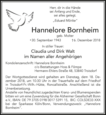 Anzeige von Hannelore Bornheim von  Kölner Wochenspiegel 