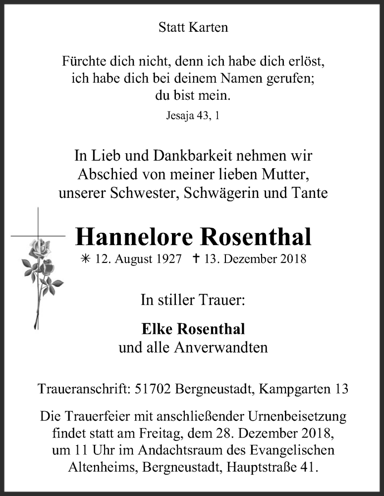  Traueranzeige für Hannelore Rosenthal vom 28.12.2018 aus Kölner Stadt-Anzeiger / Kölnische Rundschau / Express