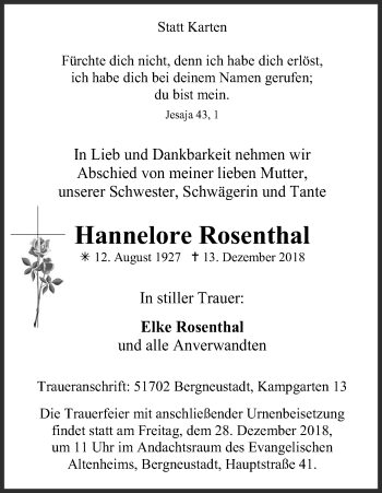 Anzeige von Hannelore Rosenthal von Kölner Stadt-Anzeiger / Kölnische Rundschau / Express