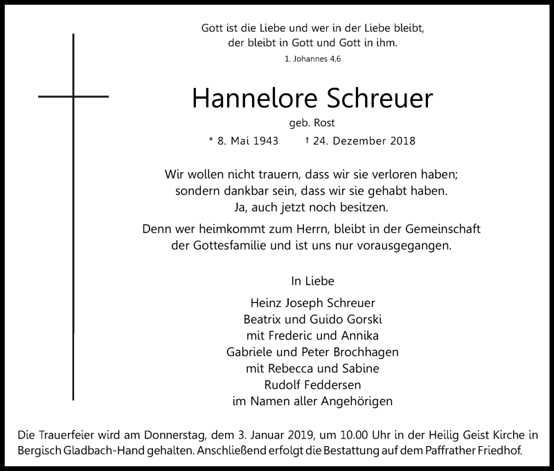  Traueranzeige für Hannelore Schreuer vom 29.12.2018 aus Kölner Stadt-Anzeiger / Kölnische Rundschau / Express