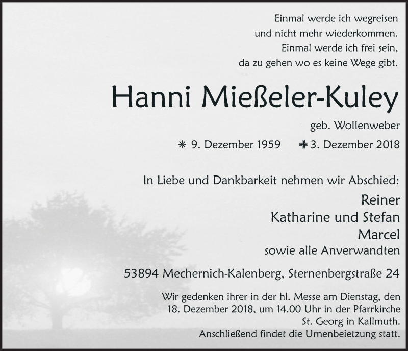  Traueranzeige für Hanni Mießeler-Kuley vom 08.12.2018 aus  Blickpunkt Euskirchen 
