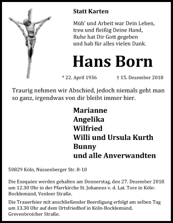Anzeige von Hans Born von Kölner Stadt-Anzeiger / Kölnische Rundschau / Express